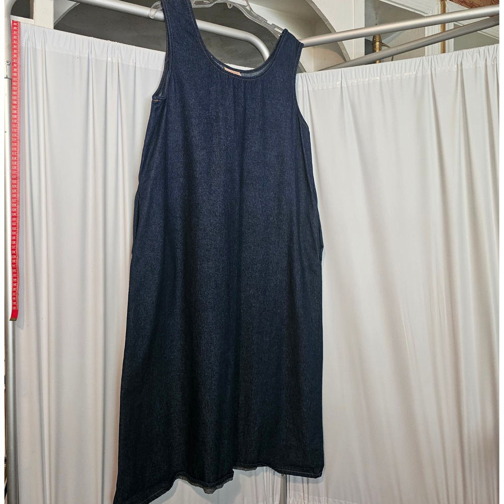 The Vermont Country Store Women Dark Wash Blue Denim Midi Jumper Dress